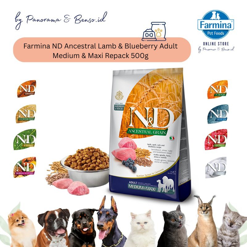 FARMINA ND ANCESTRAL LAMB & BLUEBERRY ADULT MEDIUM & MAXI REPACK 500Gr