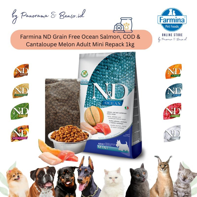 FARMINA ND GRAIN FREE OCEAN SALMON, COD & CANTALOUPE MELON ADULT MINI Repack 1KG