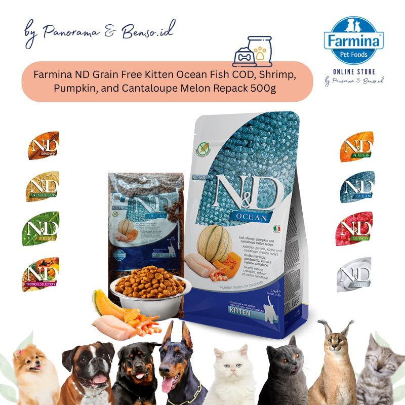Makanan Kucing - Farmina ND Grainfree Kitten Ocean Fish, COD, Shrimp, Pumpkin And Cantaloupe Melon Repack 500g