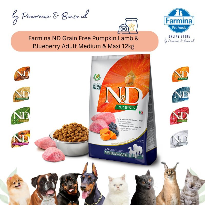 FARMINA ND GRAIN FREE PUMPKIN LAMB & BLUEBERRY ADULT MEDIUM & MAXI 12Kg