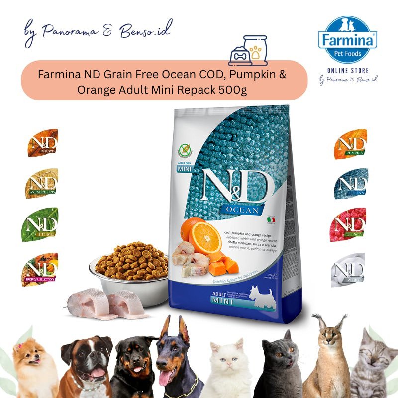 FARMINA ND GRAIN FREE OCEAN COD, PUMPKIN & ORANGE ADULT MINI Repack 500gr
