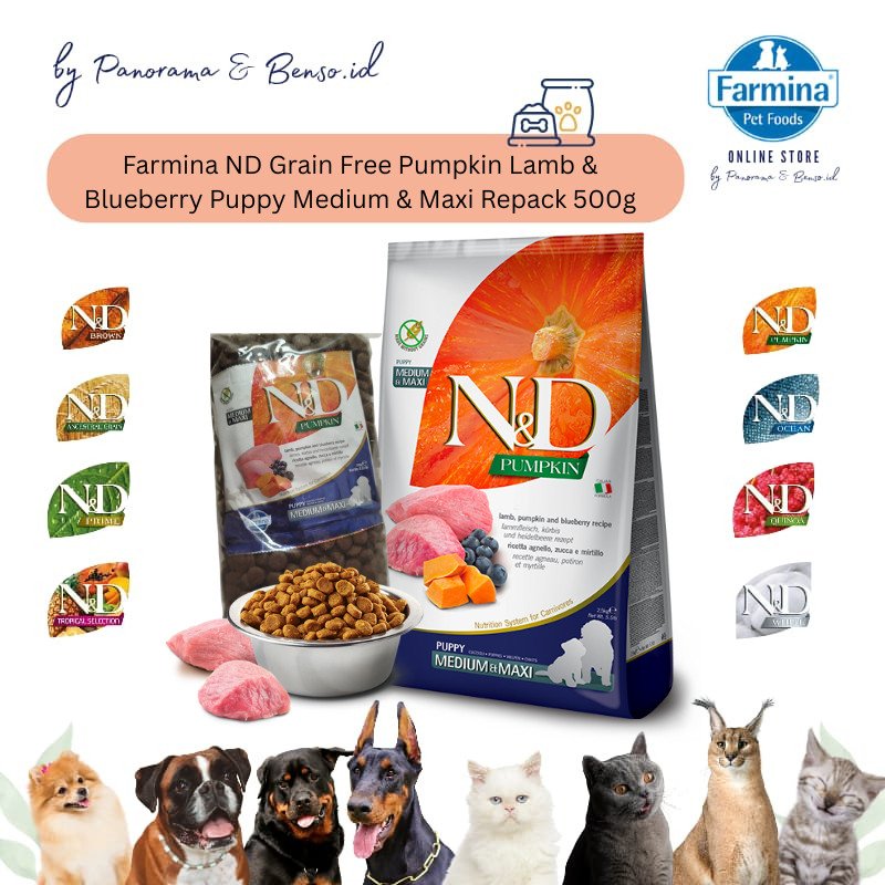 FARMINA ND GRAIN FREE PUMPKIN LAMB & BLUEBERRY PUPPY MEDIUM & MAXI REPACK 500gr