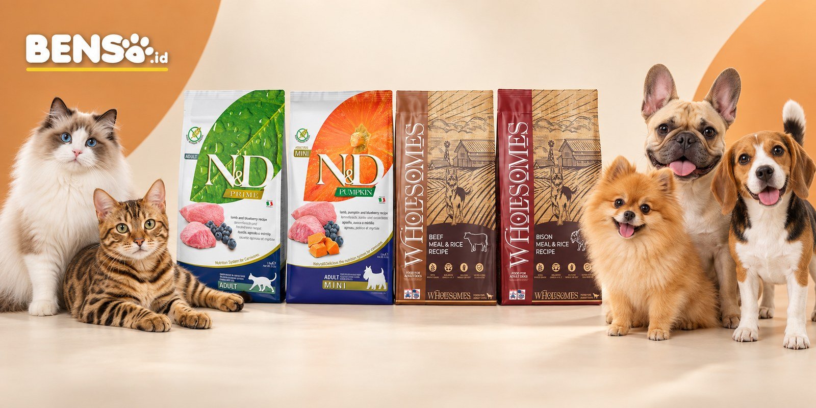 Brand pilihan Benso.id — Farmina N&D dan Wholesomes untuk anjing kecil dan kucing